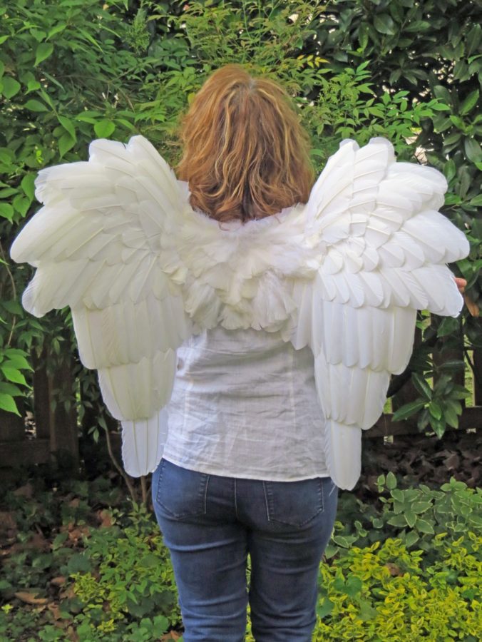 Downswept white feather angel wings back view