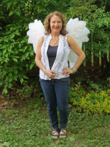 Front view of classic standard downswept white angel wings