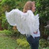 Side view of six foot outstretched white angel wings.