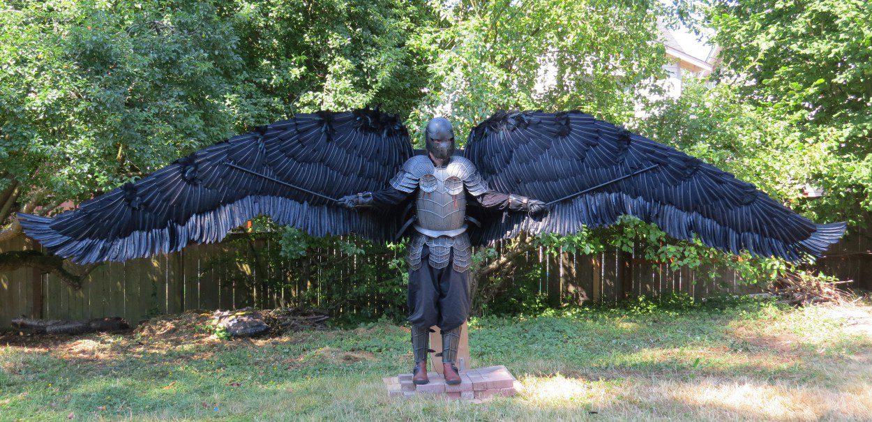 large black natural feather angel wings worn by a knight